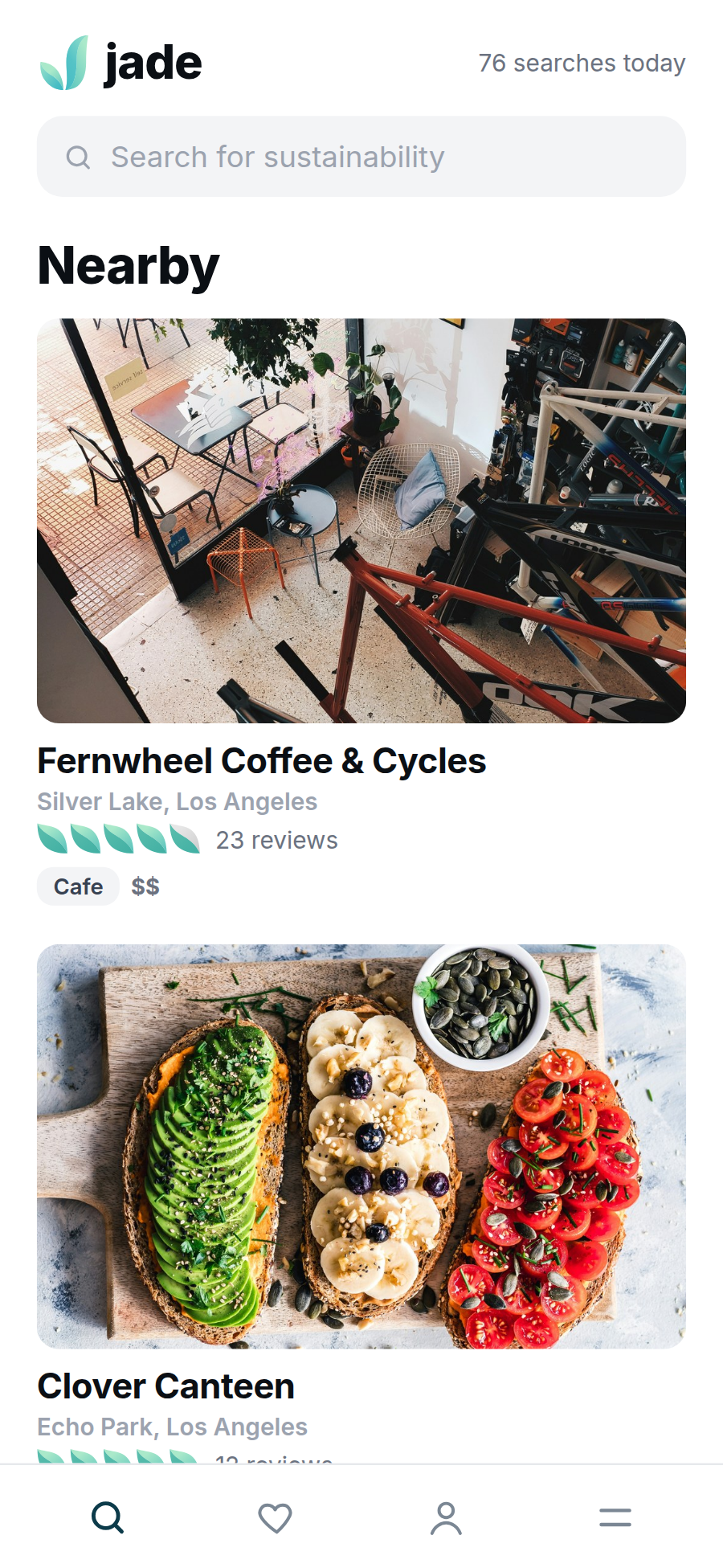 The Jade app’s discovery screen: search bar, then nearby businesses ranked with leaf scores